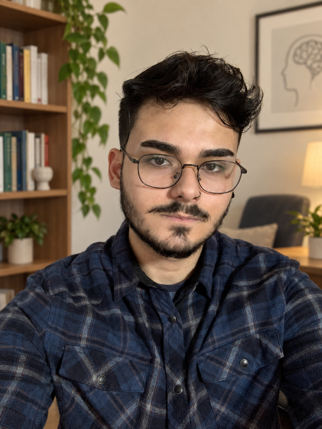 Retrato de Daniel Duque em ambiente de consultório; imagem editada